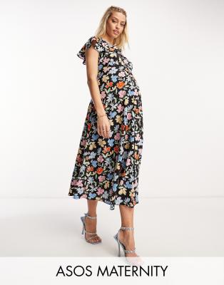 ASOS DESIGN Maternity - Midi-Freizeitkleid in mehreren Farben mit Blumenmuster, Knopfleiste und Flatterärmeln-Bunt