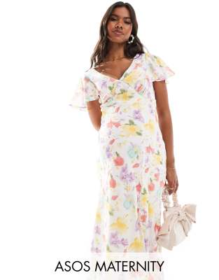 ASOS DESIGN Maternity - Midi-Freizeitkleid mit pastellfarbenem Blumenmuster und Ziernaht-Bunt