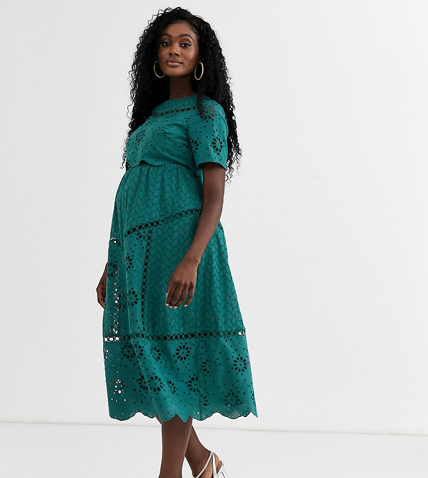 ASOS DESIGN Maternity - Midi-jurk met broderie en dubbele laag-Groen