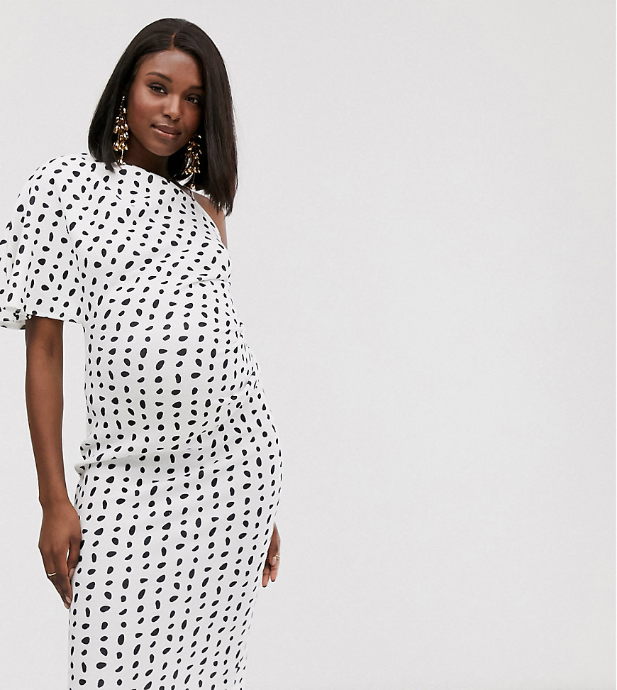 ASOS DESIGN Maternity - Midi-jurk met een blote schouder en Dalmatiërprint-Multi