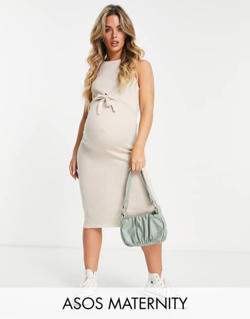 ASOS DESIGN Maternity - Midi-jurk met geknoopte voorkant in lichtbeige