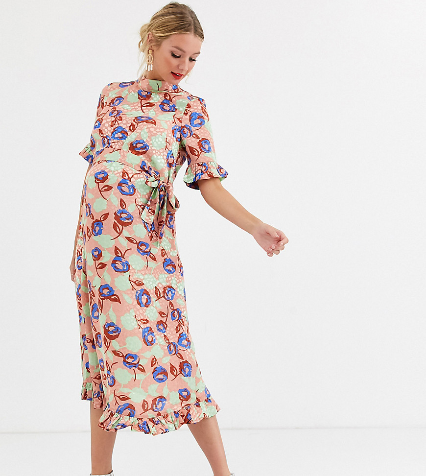 ASOS DESIGN Maternity - Midi-jurk met jacquard bloemenpatroon en ceintuur-Multi