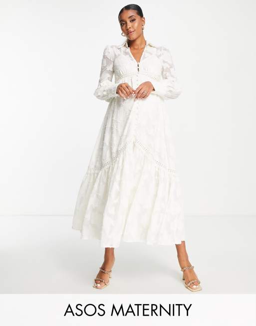 ASOS DESIGN Maternity - Midi overhemdjurk met knoopsluiting, kanten inzetstukken en burn-out in crème