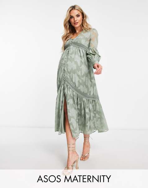 ASOS DESIGN Maternity - Midi overhemdjurk met knoopsluiting, kanten inzetstukken en burn-out in kaki - view 1