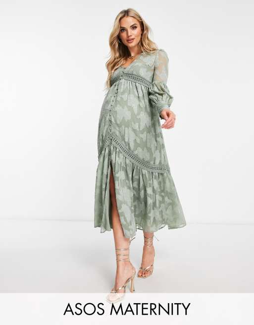 ASOS DESIGN Maternity - Midi overhemdjurk met knoopsluiting, kanten inzetstukken en burn-out in kaki 