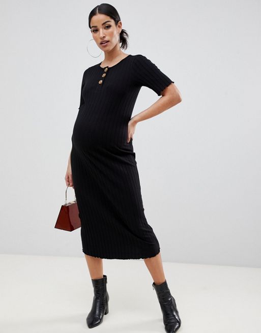 Asos Design Maternity Midi Rib Bodycon Dress With Faux Horn Buttons Asos 