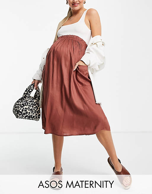 ASOS DESIGN Maternity midi skirt with pocket detail in chocolate