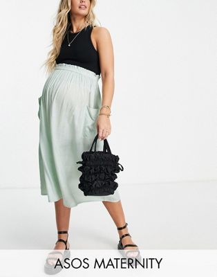 Asos Maternity - Asos design maternity midi skirt with pocket detail in washed mint-green