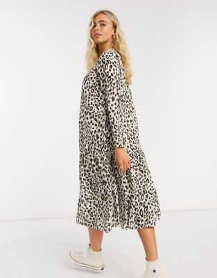 collusion leopard print midi smock dress