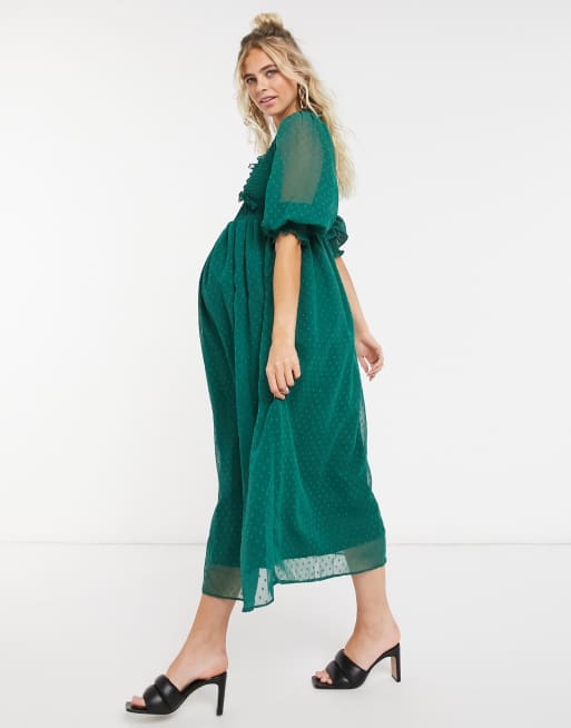 ASOS DESIGN Maternity midi smock dress with shirred cuffs in dobby in forest green, 4 of 4