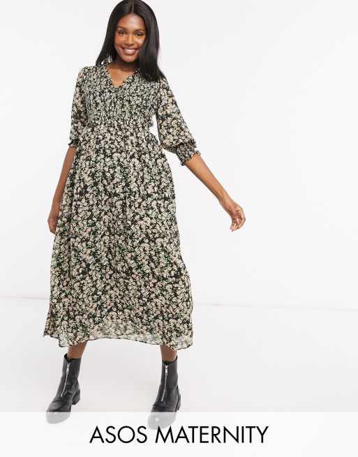 ASOS DESIGN Maternity midi smock dress with shirred cuffs in floral print