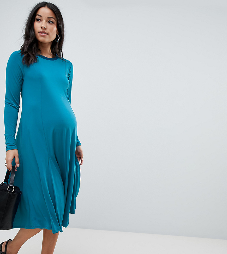 ASOS DESIGN Maternity midi swing dress with long sleeves in slinky crepe-Green
