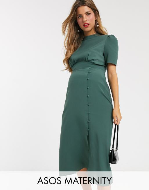 Asos Design Maternity Midi Tea Dress With Buttons And Split Detail Asos 