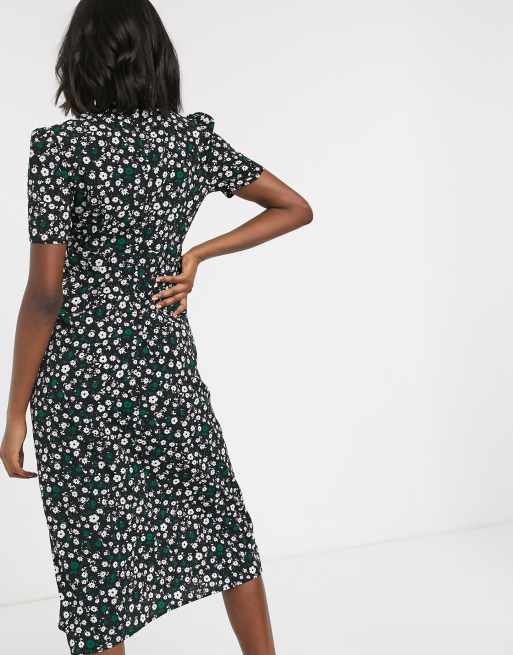 asos design midi tea dress with buttons in floral print ASOS DESIGN satin button through midi tea dress with fluted sleeves in  green floral print