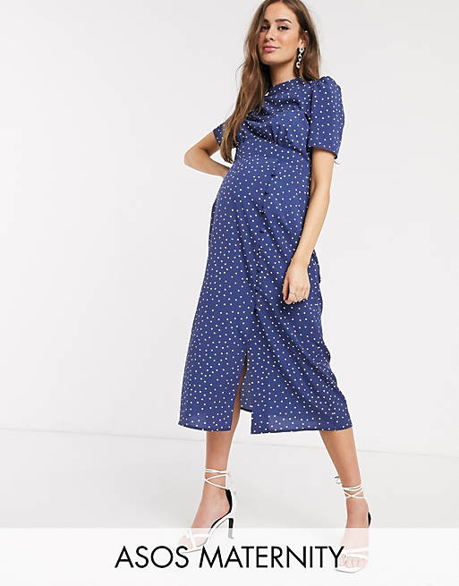 ASOS DESIGN Maternity midi tea dress with buttons in polka dot 