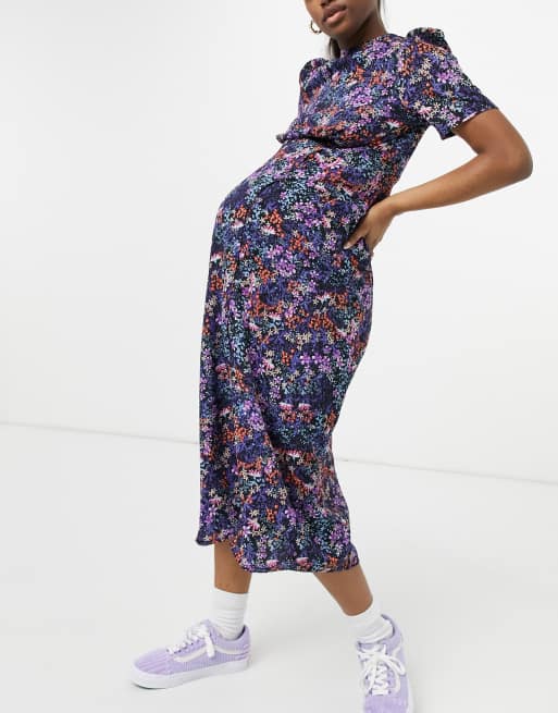 ASOS DESIGN Maternity midi tea dress with buttons in purple floral print, 4 of 4