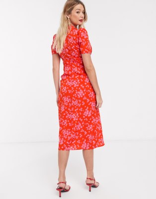 red floral midi tea dress