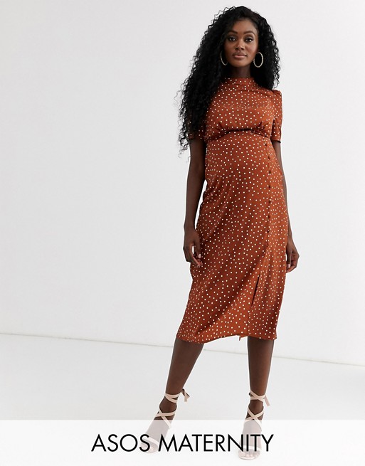ASOS DESIGN Maternity midi tea dress with buttons in spot print