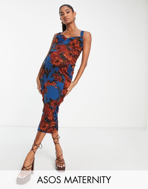 ASOS DESIGN Maternity - Midikjole i blågrønt/rustrødt blomstermønster med hjerteformet hals og rynkede sider