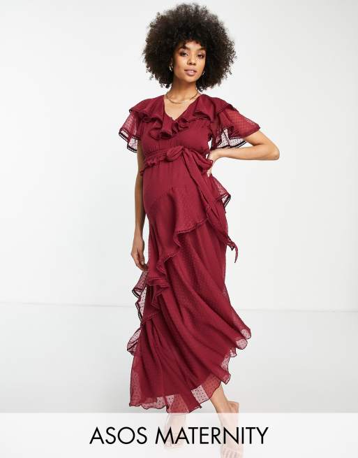 ASOS DESIGN Maternity - Midikjole i dobby-chiffon med draperinger og bindebånd