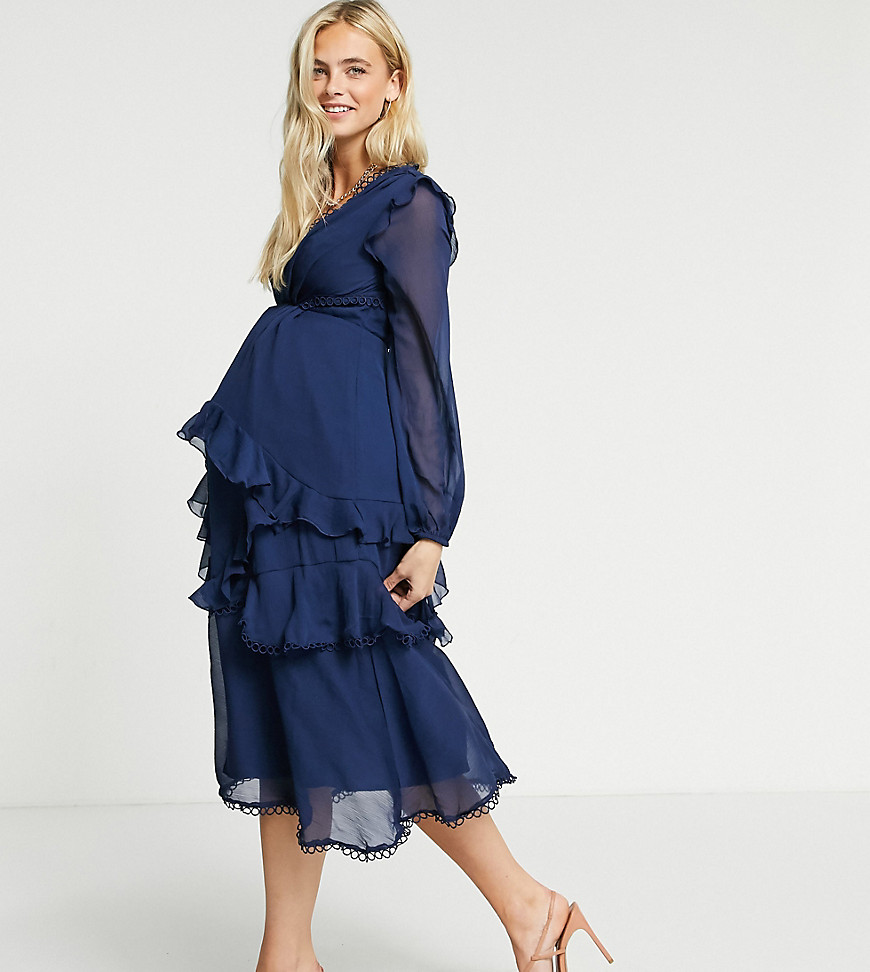 ASOS DESIGN - Maternity - Midikjole med lange ærmer og cirkelkant-Marineblå