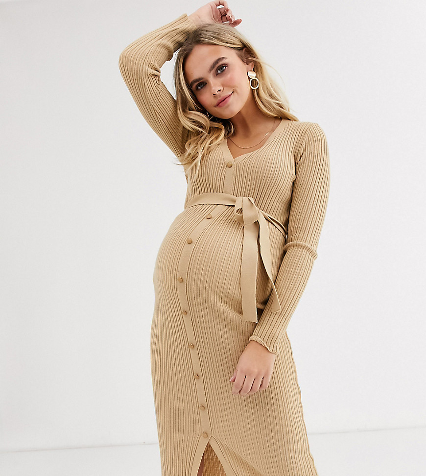 ASOS DESIGN Maternity – Midiklänning med skärp och knappdetalj-Sandfärgad