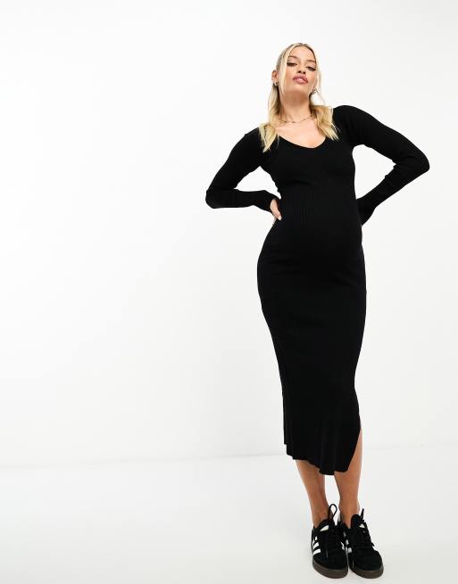 ASOS DESIGN Maternity Midikleid aus Rippstrick in Schwarz mit V Ausschnitt