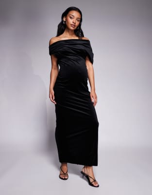 ASOS DESIGN Maternity - Midikleid aus schwarzem Samt mit abfallender Schulterpartie