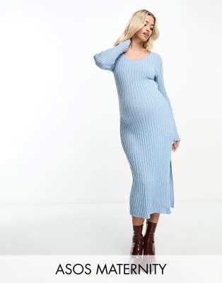 ASOS DESIGN Maternity - Midikleid aus strukturiertem Strick in Blau mit eckigem Ausschnitt