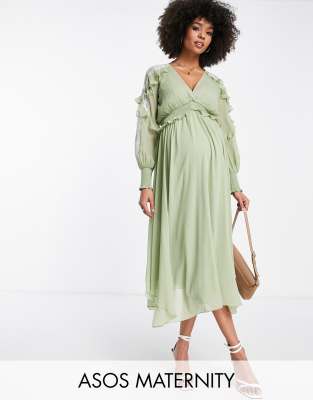 ASOS DESIGN Maternity - Midikleid in Salbeigrün mit Stickerei und Spitzenbesatz