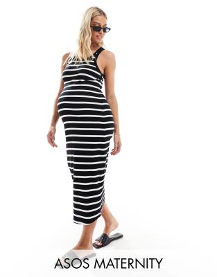 FhyzicsShops DESIGN Maternity – Midikleid in Schwarz mit U-Ausschnitt und dünnen weißen Streifen