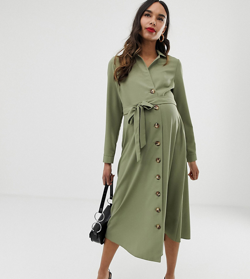 ASOS DESIGN – Maternity – Midilång skjortklänning med knappar-Grön