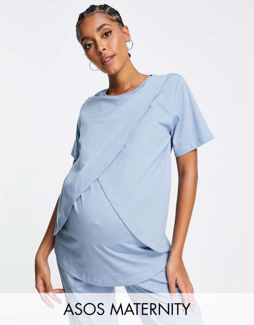 ASOS DESIGN Maternity – Mieszaj i łącz – Niebieska bawełniana koszulka od piżamy do karmienia w kolorze niebieskim – KHAKI