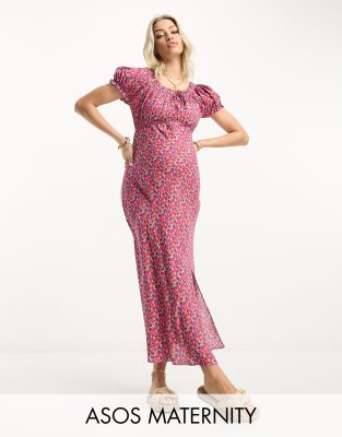 ASOS DESIGN Maternity - Milchmädchen-Midikleid aus Viskose mit Bindeband am Ausschnitt und zartem Blumenmuster-Bunt