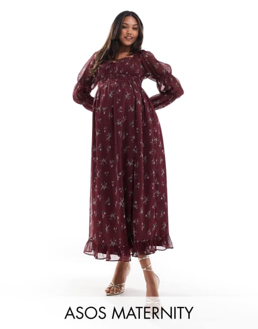 ASOS DESIGN Maternity milkmaid long sleeve shirred waist midi dress in burgundy floral print ASOS