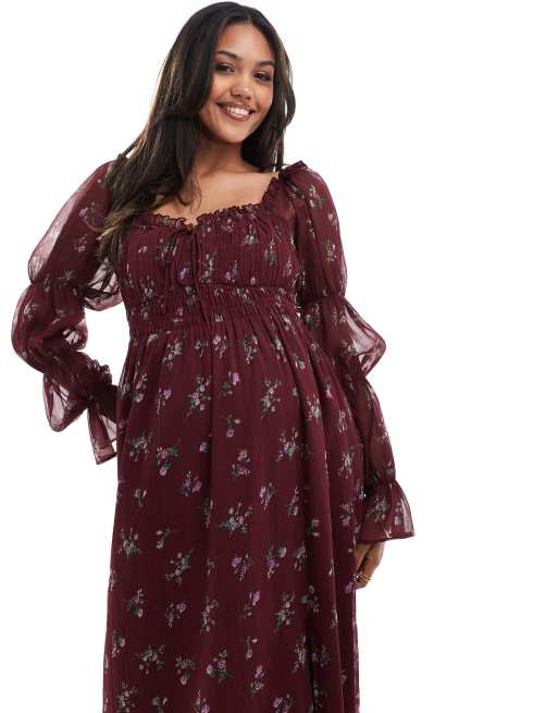 ASOS DESIGN Maternity milkmaid long sleeve shirred waist midi dress in burgundy floral print