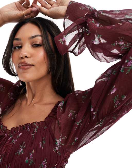 ASOS DESIGN Maternity milkmaid long sleeve shirred waist midi dress in burgundy floral print ASOS
