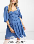 [ASOS Maternity] ASOS DESIGN Maternity mini dress with blouson sleeve with belt in blue-Green 8 BLUE