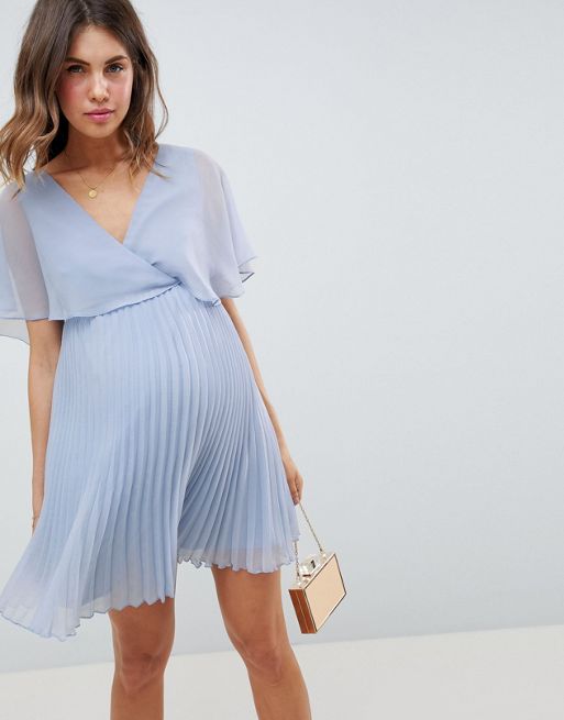 Asos Design Maternity Mini Dress With Pleat Skirt And Flutter Sleeve Asos 
