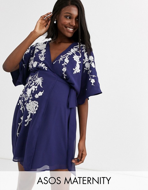 ASOS DESIGN Maternity mini dress with wrap bodice and pretty embroidery