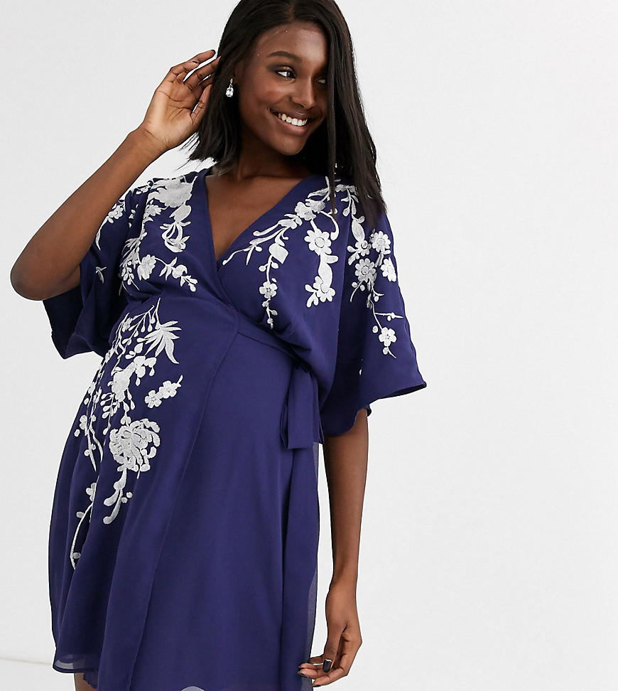 ASOS DESIGN Maternity mini dress with wrap bodice and pretty embroidery-Purple