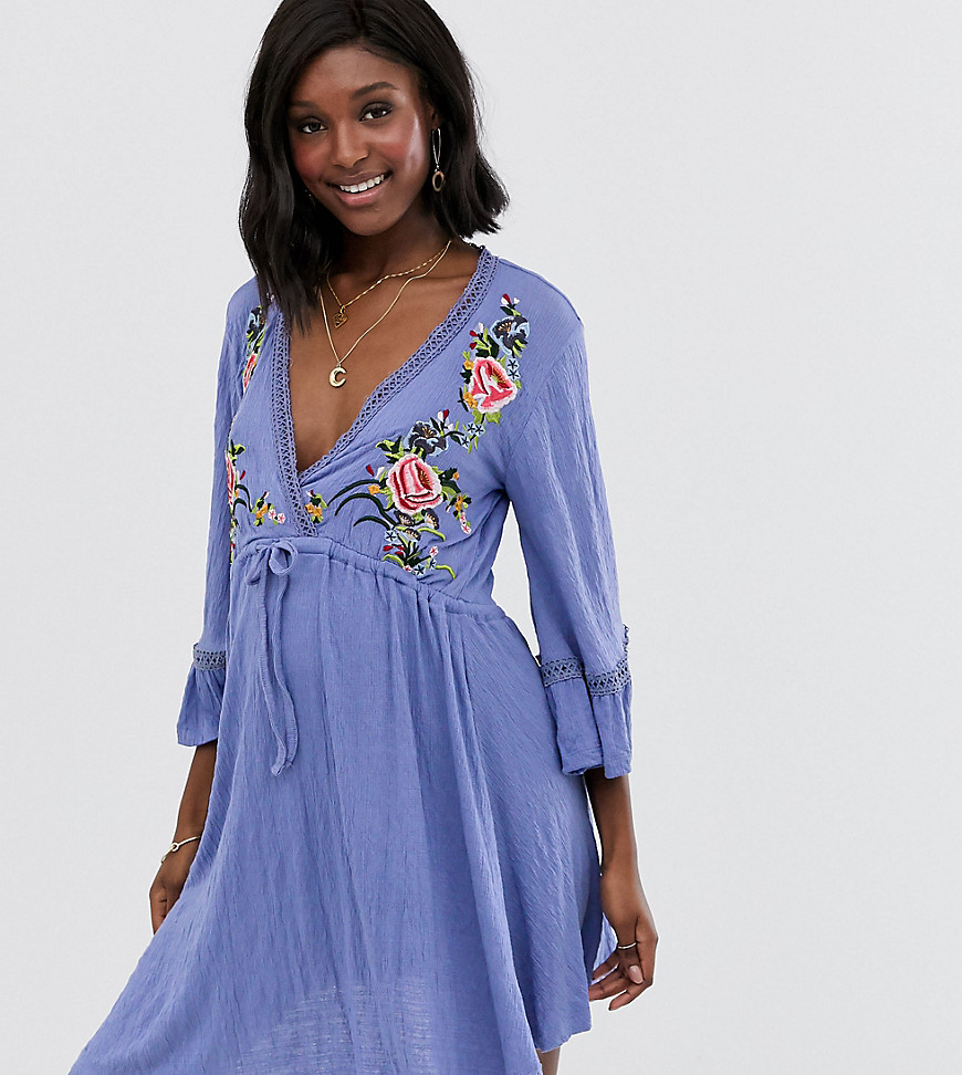 ASOS DESIGN Maternity mini embroidered smock dress with ladder trim-Blue