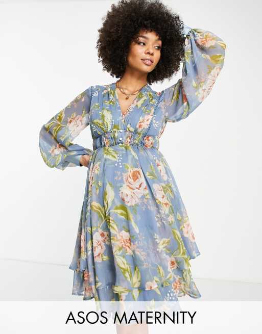 ASOS DESIGN Maternity - Mini jurk met versierd lijfje met parelknoopjes en rimpeleffect in bloemenprint