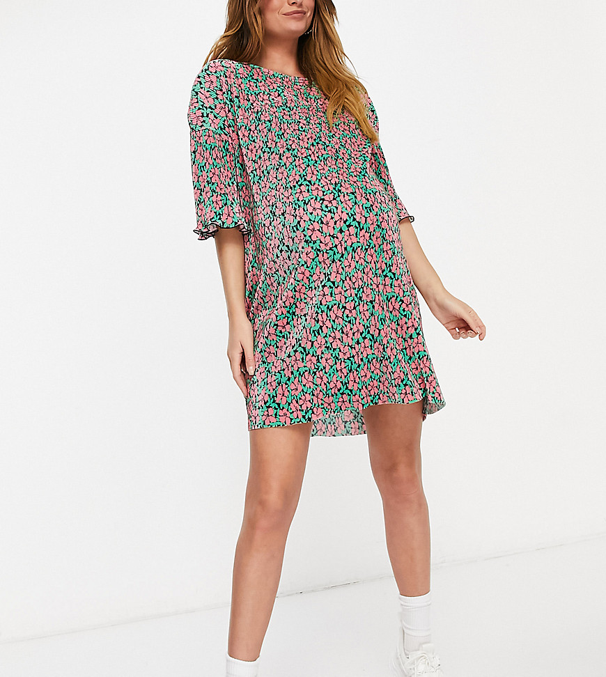 ASOS DESIGN Maternity mini plisse crew neck dress in pink and green floral