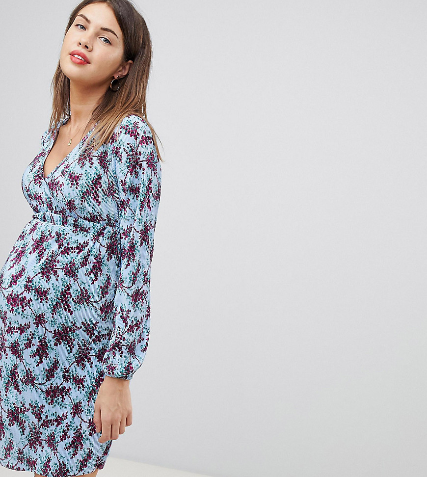 ASOS DESIGN Maternity mini plisse tea dress with deep waistband in floral print-Multi