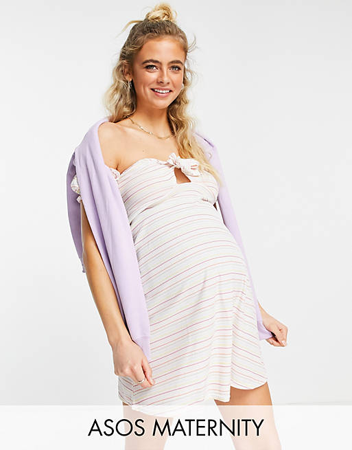 ASOS DESIGN Maternity mini ribbed bardot sundress in rainbow stripe