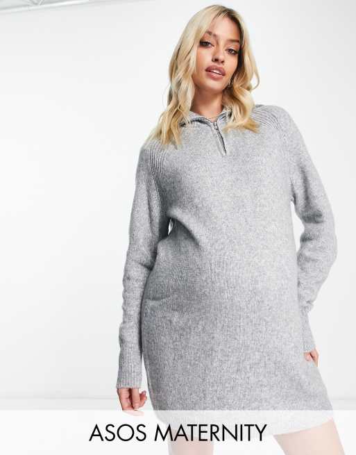 ASOS DESIGN Maternity Mini Strickkleid in Kalkgrau mit Kragen mit ReiBverschluss ASOS