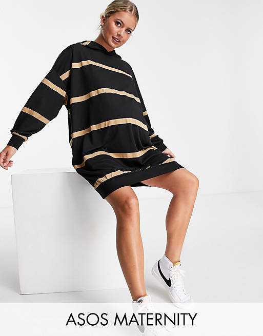  Maternity mini sweatshirt hoodie dress in black and taupe stripe 