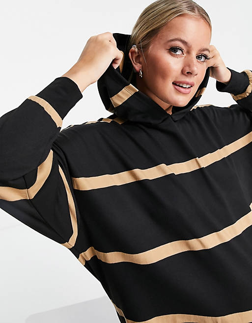  Maternity mini sweatshirt hoodie dress in black and taupe stripe 