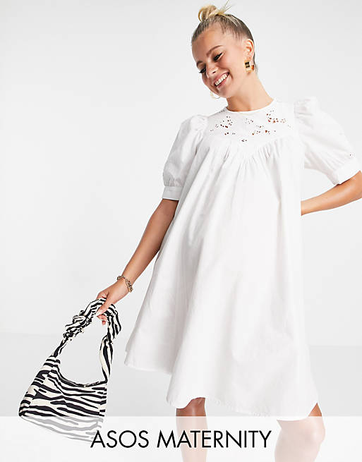 ASOS DESIGN Maternity mini swing dress with broderie cutwork detail in white